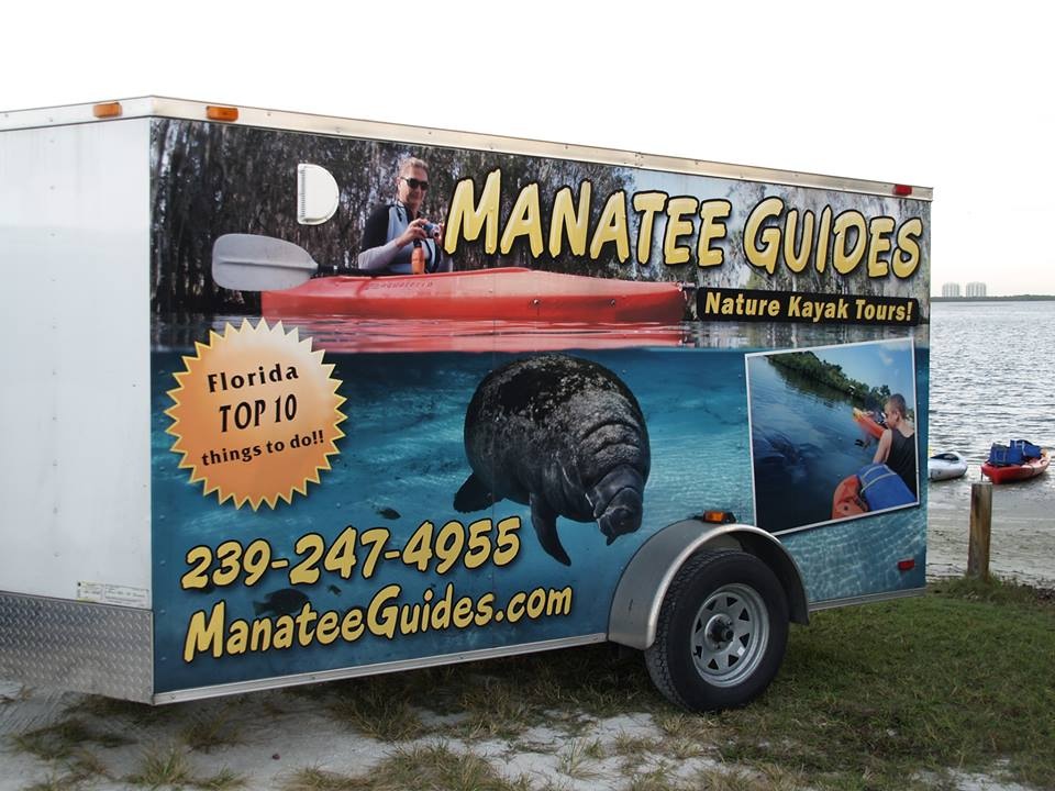 Manatees, Manatee Guides, trailer wrap, kayaks, left side,