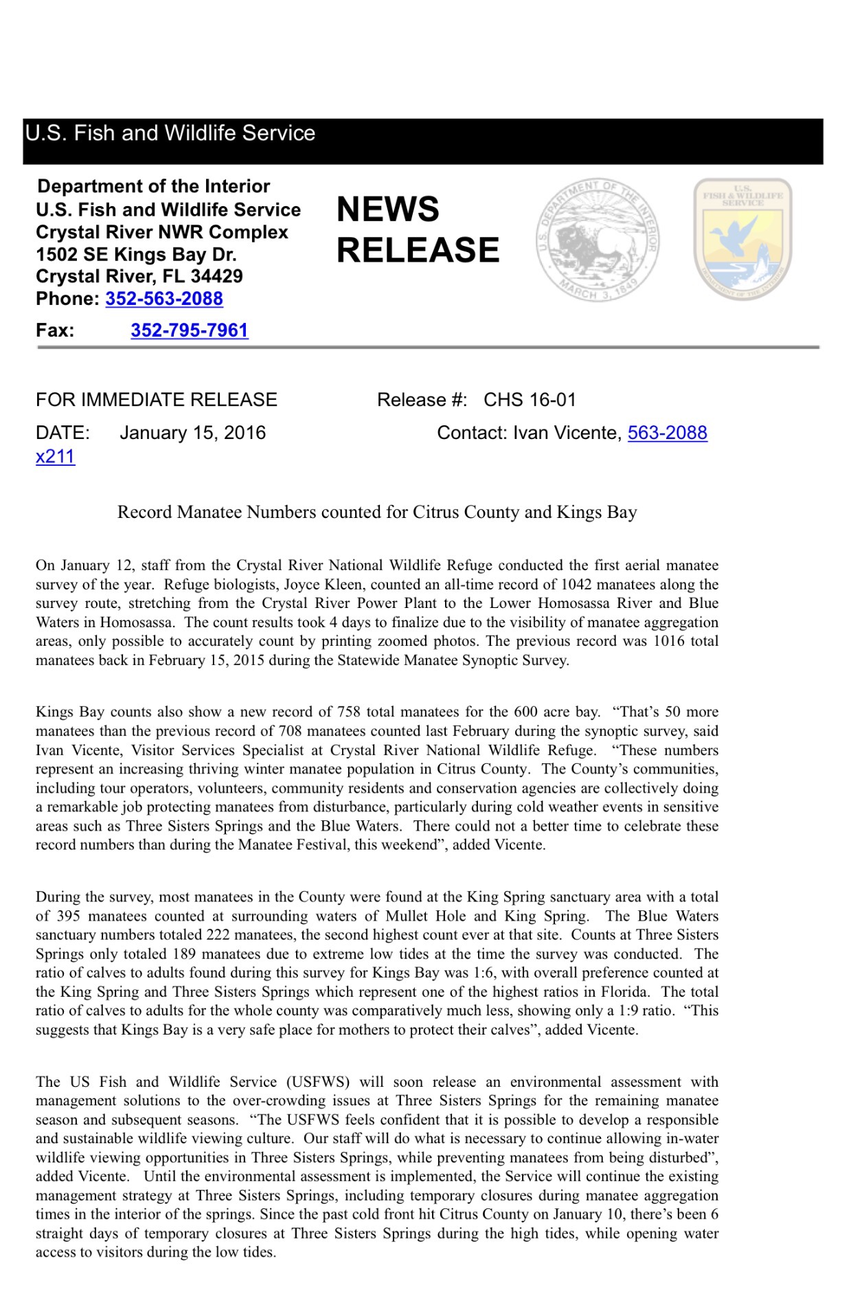 Page 1 USFWS Press Release Record Manatee Count